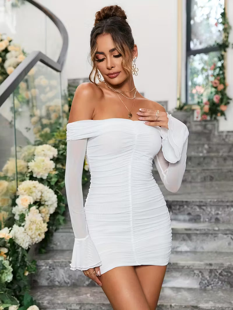 Off-Shoulder Ruched Mesh Bodycon Dress