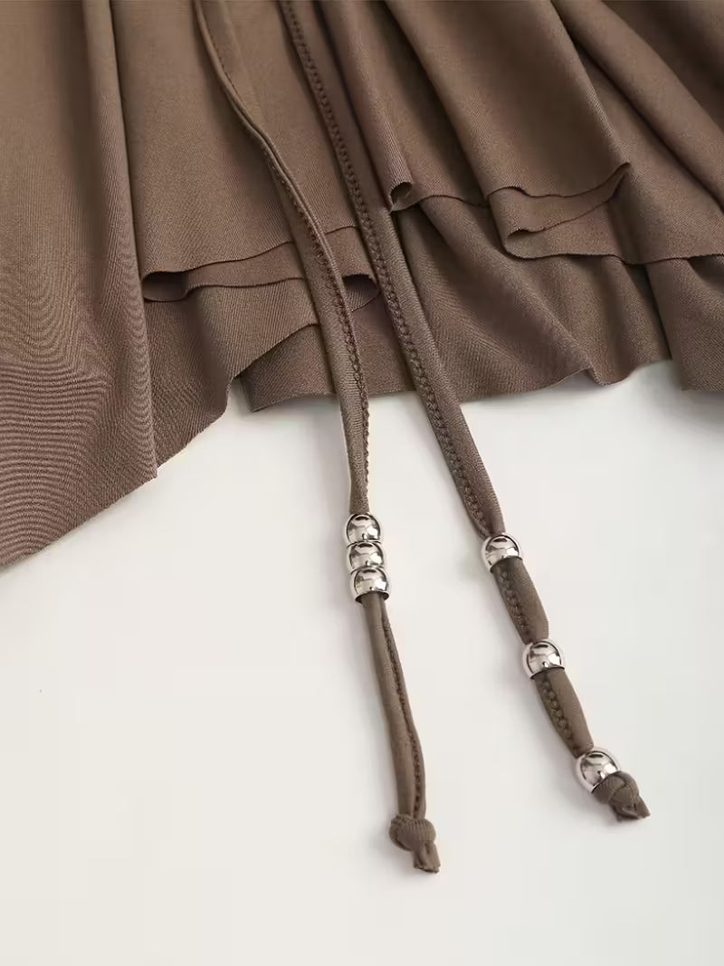 Sleeveless Ruched Halterneck Dress In Coffee Color