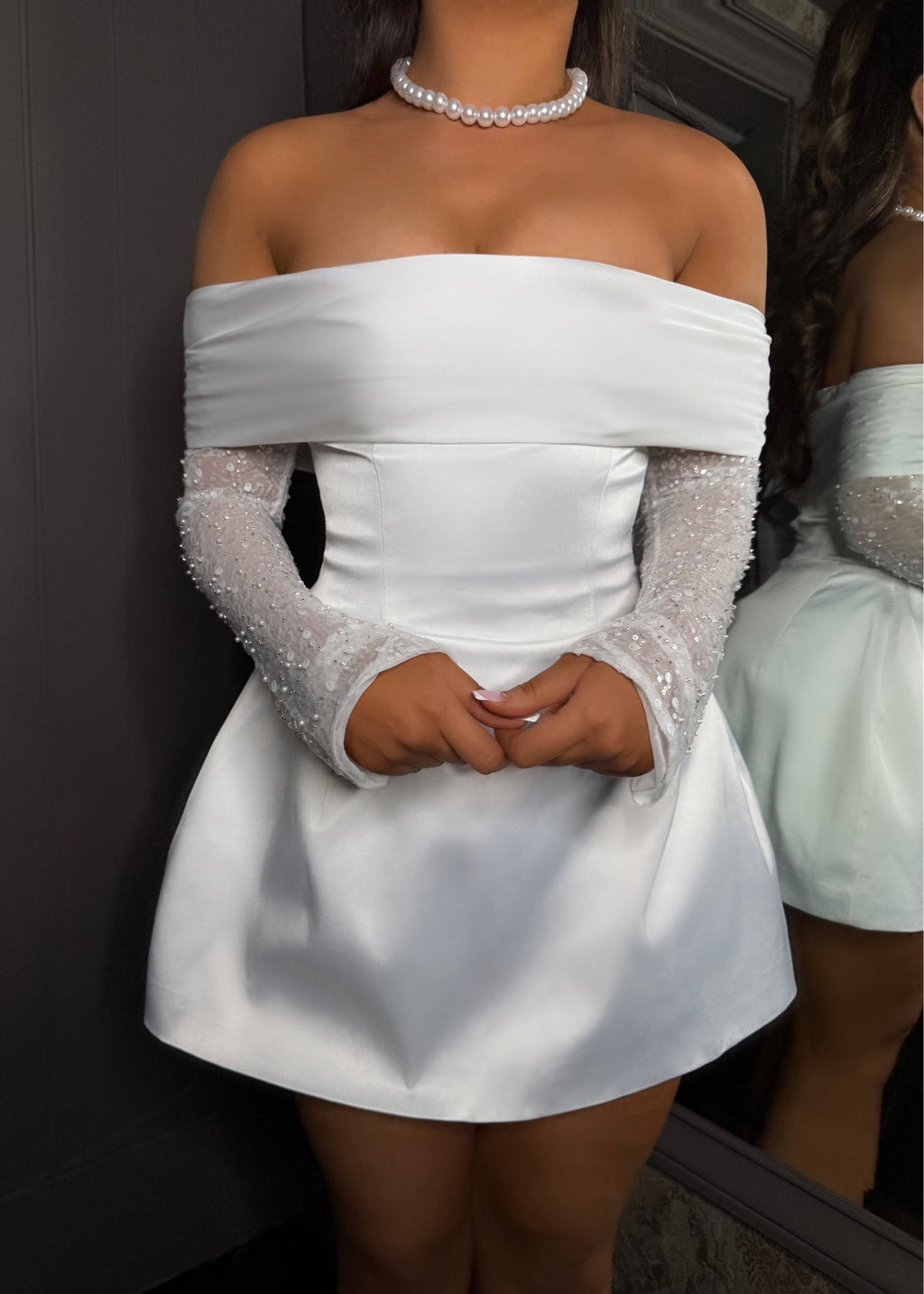 Luminous Love Embellished Long Sleeve Mini Dress -  White