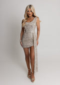 Good Fortune One Shoulder Drape Mini Dress - Champagne
