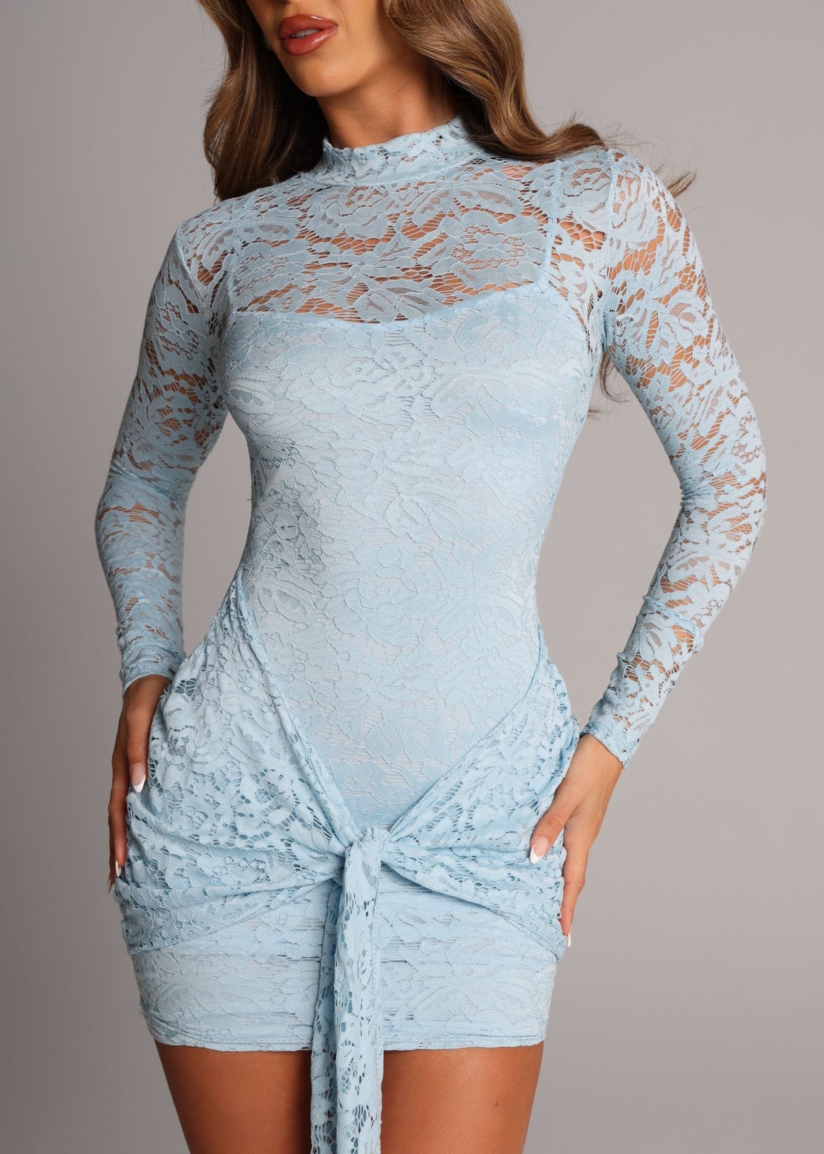 Love Club Lace High Neck Tie Detail Dress - Blue