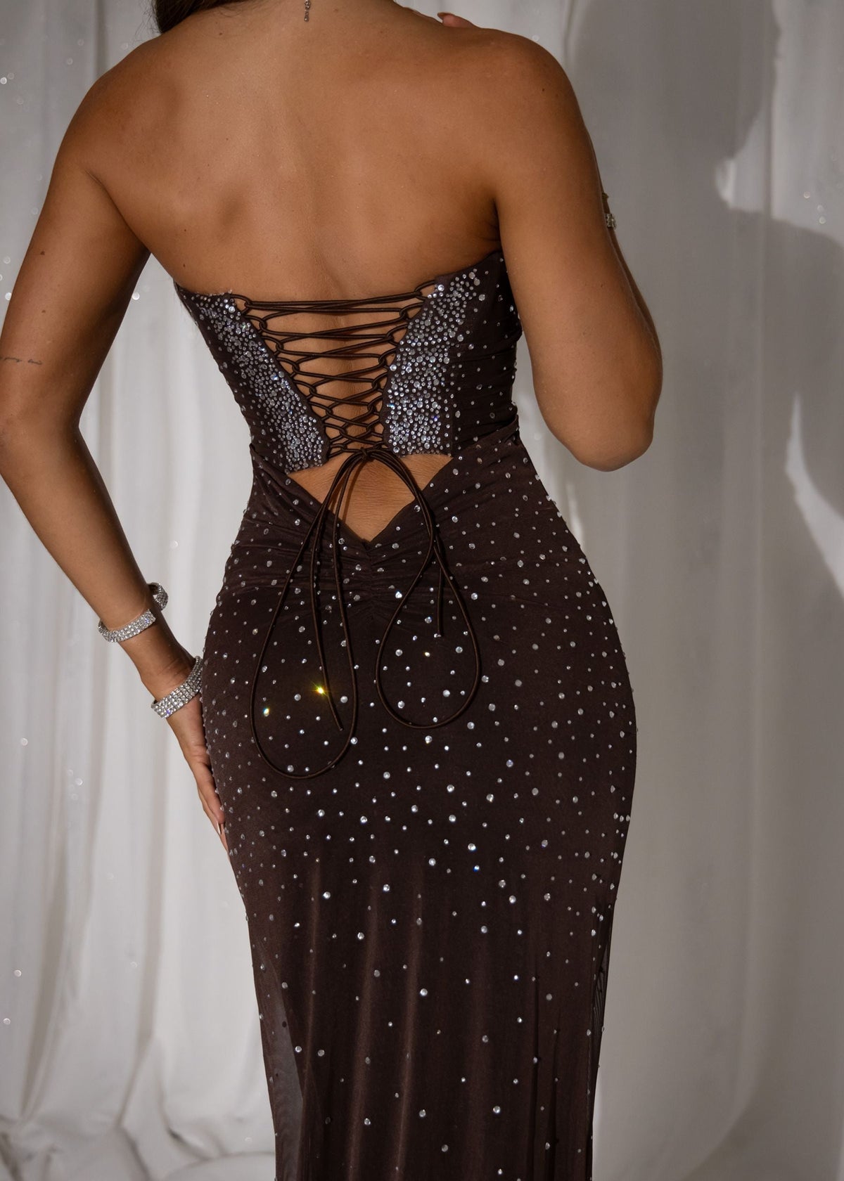 Diamond Elegance Embellished Maxi Dress - Brown