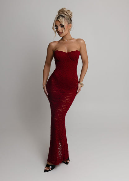 Rumour Has It Sheer Lace Maxi Dress - Wine