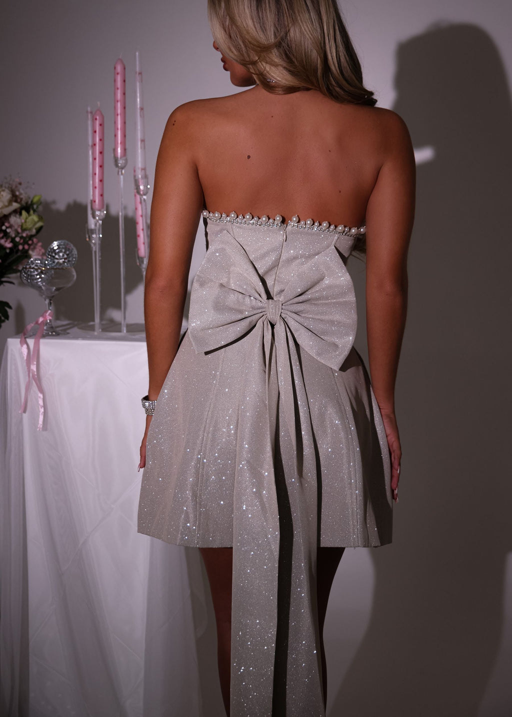 Sparkle Energy Bow Mini Dress - Champagne