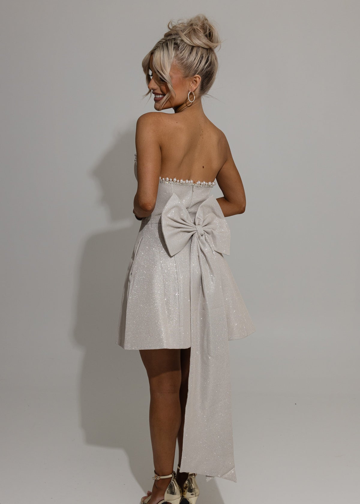 Sparkle Energy Bow Mini Dress - Champagne