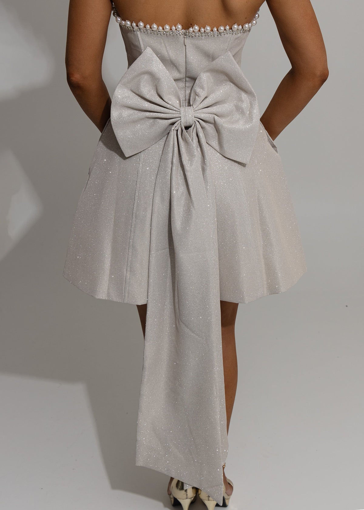 Sparkle Energy Bow Mini Dress - Champagne