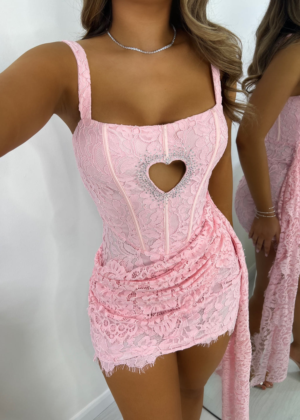 Taste Of Love Heart Cut Out Lace Mini Dress - Pink