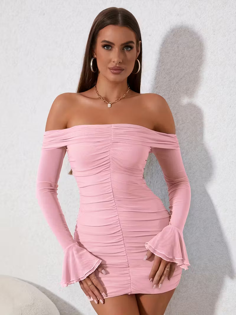 Off-Shoulder Ruched Mesh Bodycon Dress
