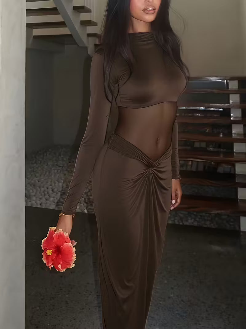 Brown Elegant Long Sleeve Bodycon Dress
