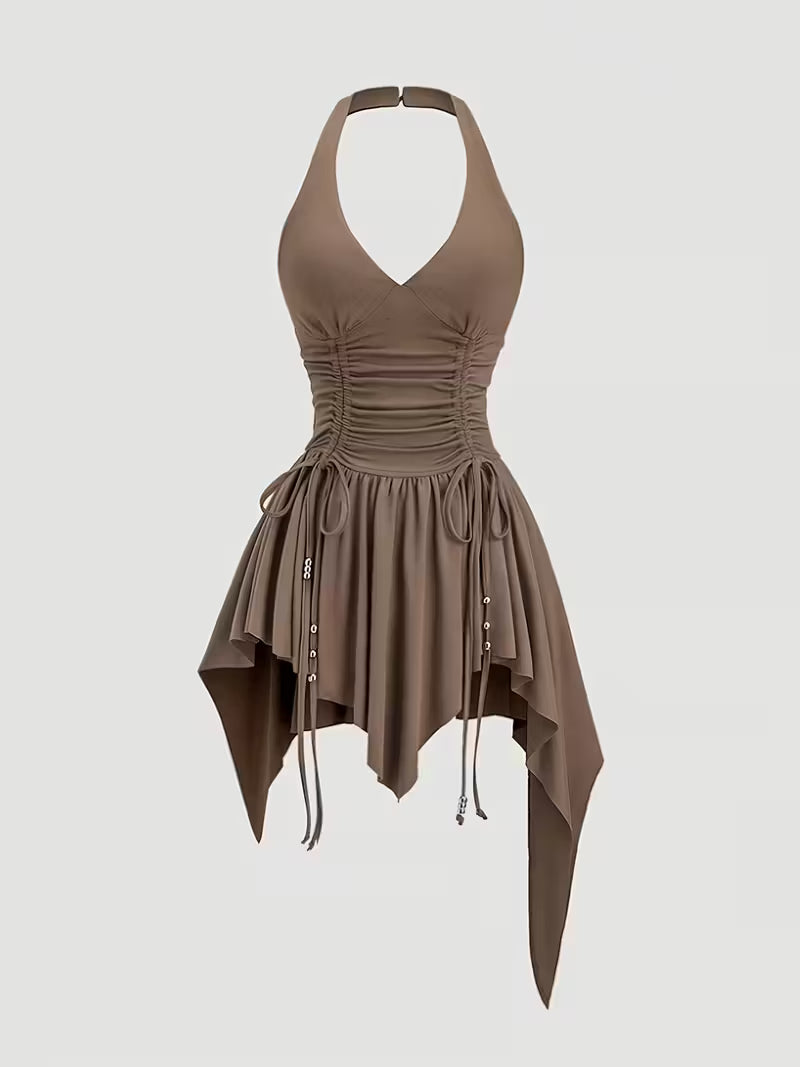 Sleeveless Ruched Halterneck Dress In Coffee Color