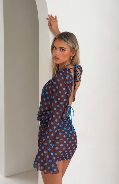 Half Moon Long Sleeve Mini Dress Choc & Blue Polka Dot