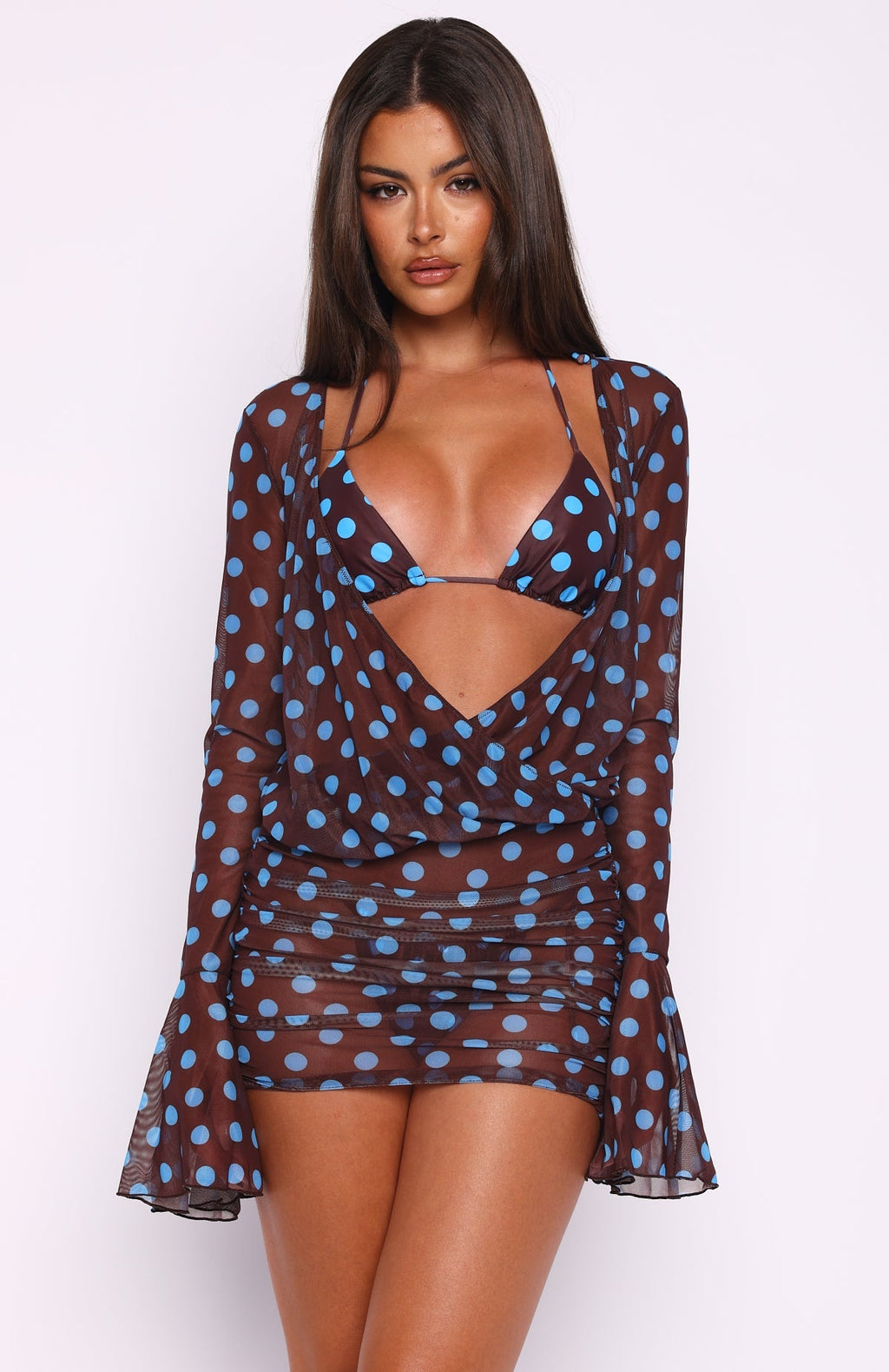 Half Moon Long Sleeve Mini Dress Choc & Blue Polka Dot